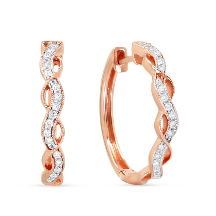 Beautiful Hand Crafted 14K Rose Gold White Diamond Milano Collection Hoop Earrings With A Hoop Closure