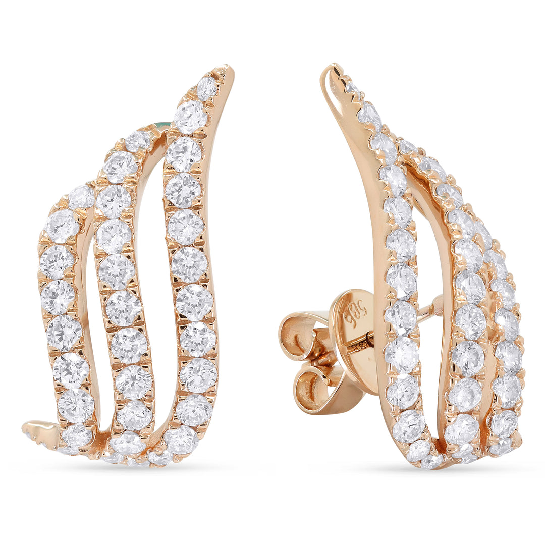 Beautiful Hand Crafted 14K Rose Gold White Diamond Milano Collection Ear Climber Earrings With A Push Back Closure
