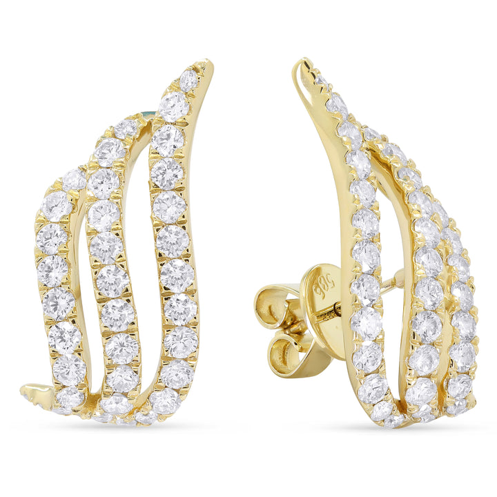 Beautiful Hand Crafted 14K Yellow Gold White Diamond Milano Collection Ear Climber Earrings With A Push Back Closure