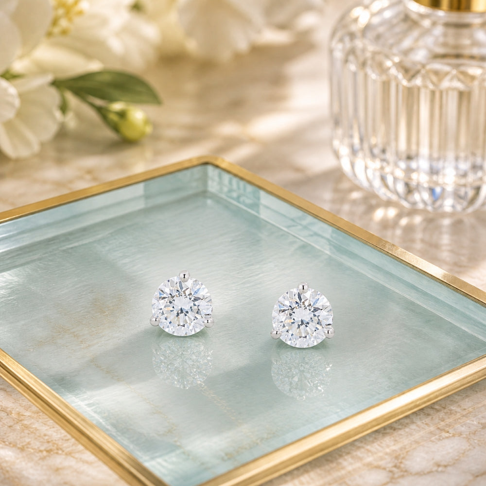 E1602 - 14K White Gold Diamond Flower Stud Earrings