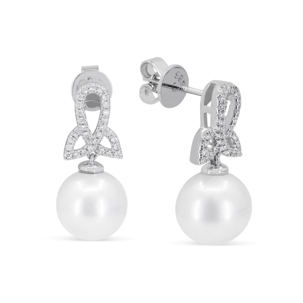 Beautiful Hand Crafted 14K White Gold  Pearl And Diamond Essentials Collection Drop Dangle Earrings With A Push Back Closure