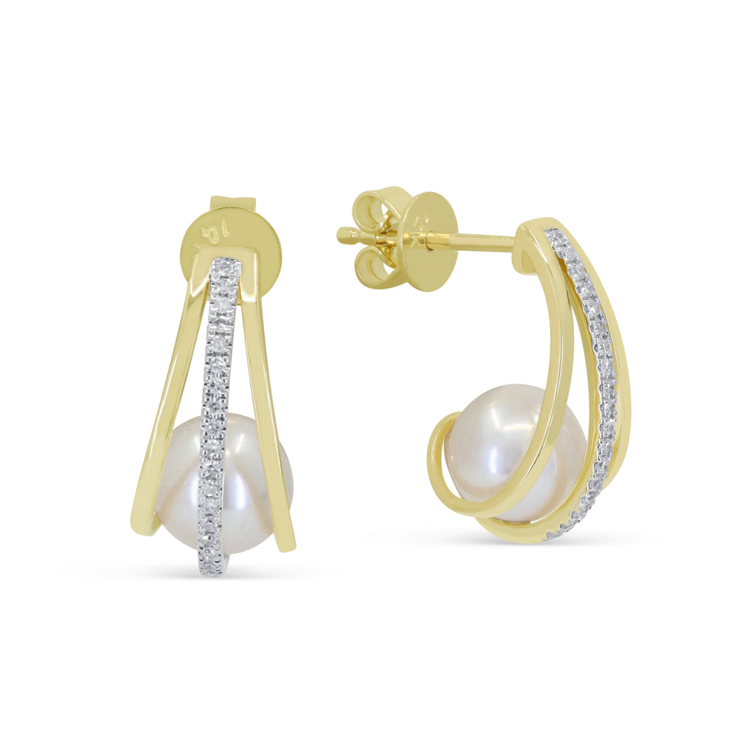 Beautiful Hand Crafted 14K Yellow Gold  Pearl And Diamond Essentials Collection Drop Dangle Earrings With A Push Back Closure