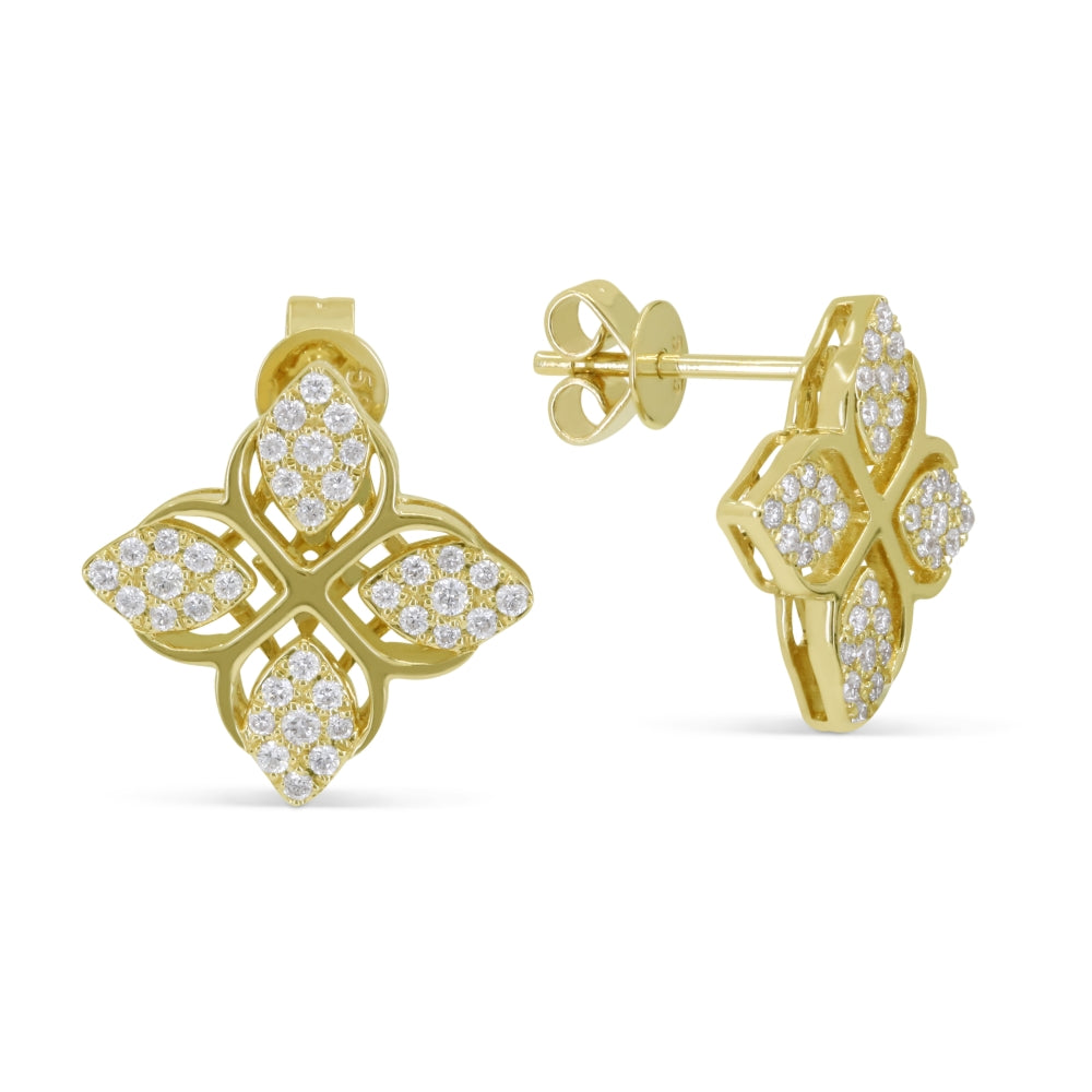 Beautiful Hand Crafted 14K Yellow Gold White Diamond Milano Collection Stud Earrings With A Push Back Closure