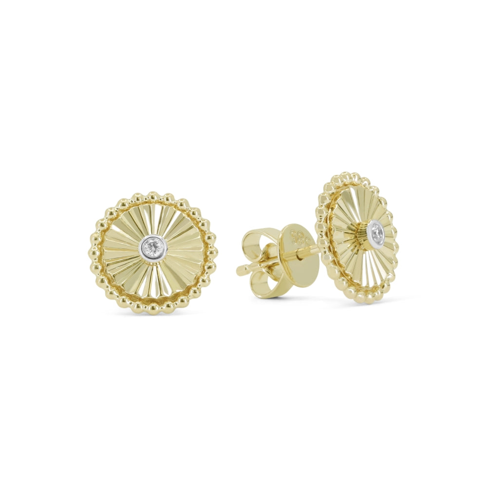 Beautiful Hand Crafted 14K Yellow Gold White Diamond Milano Collection Stud Earrings With A Push Back Closure