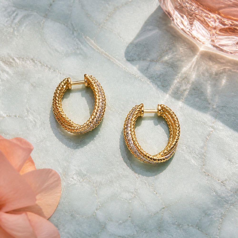 E1633 - 14K Yellow Gold Diamond Hoop Earrings