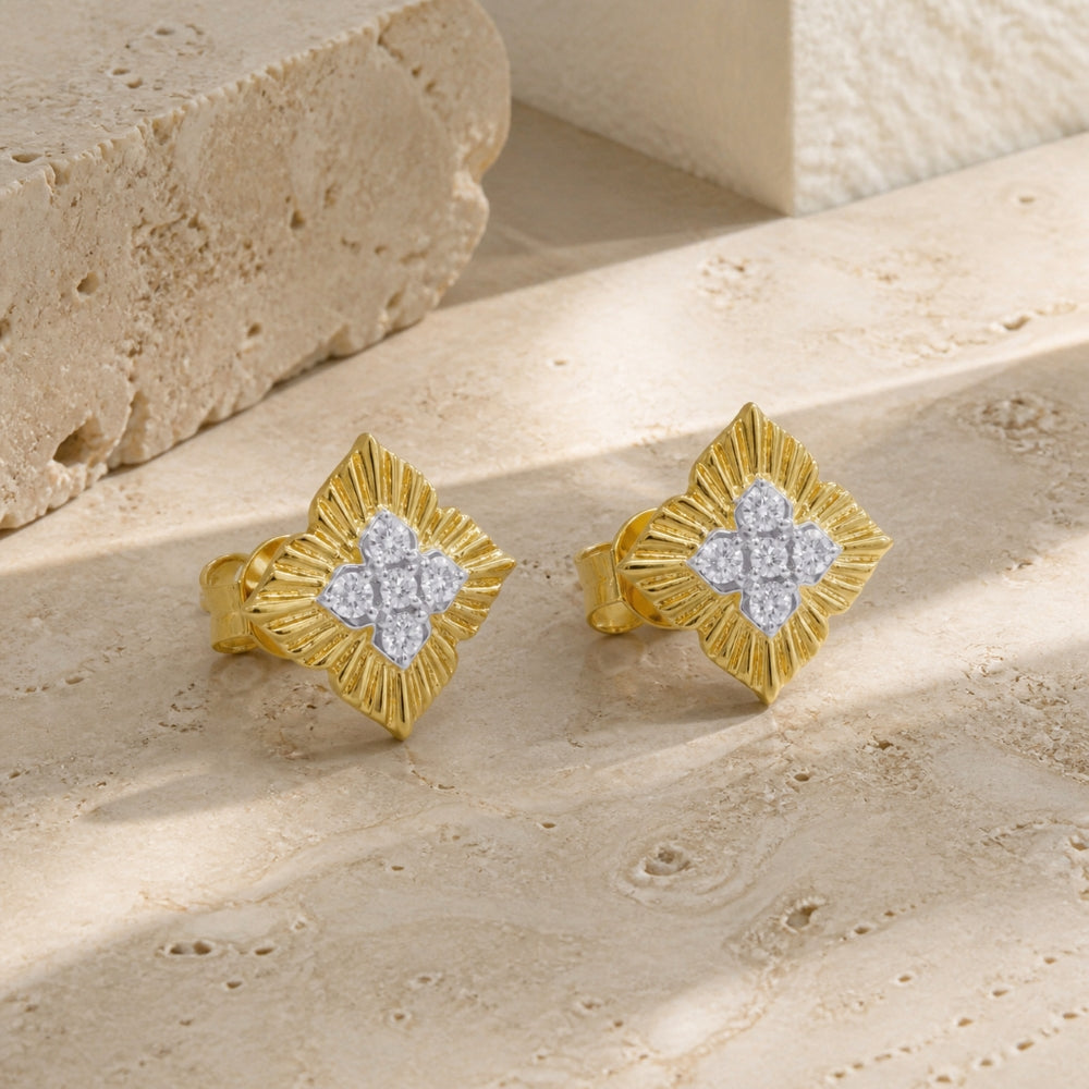 E1637 - 14K Yellow Gold Diamond Flower Stud Earrings
