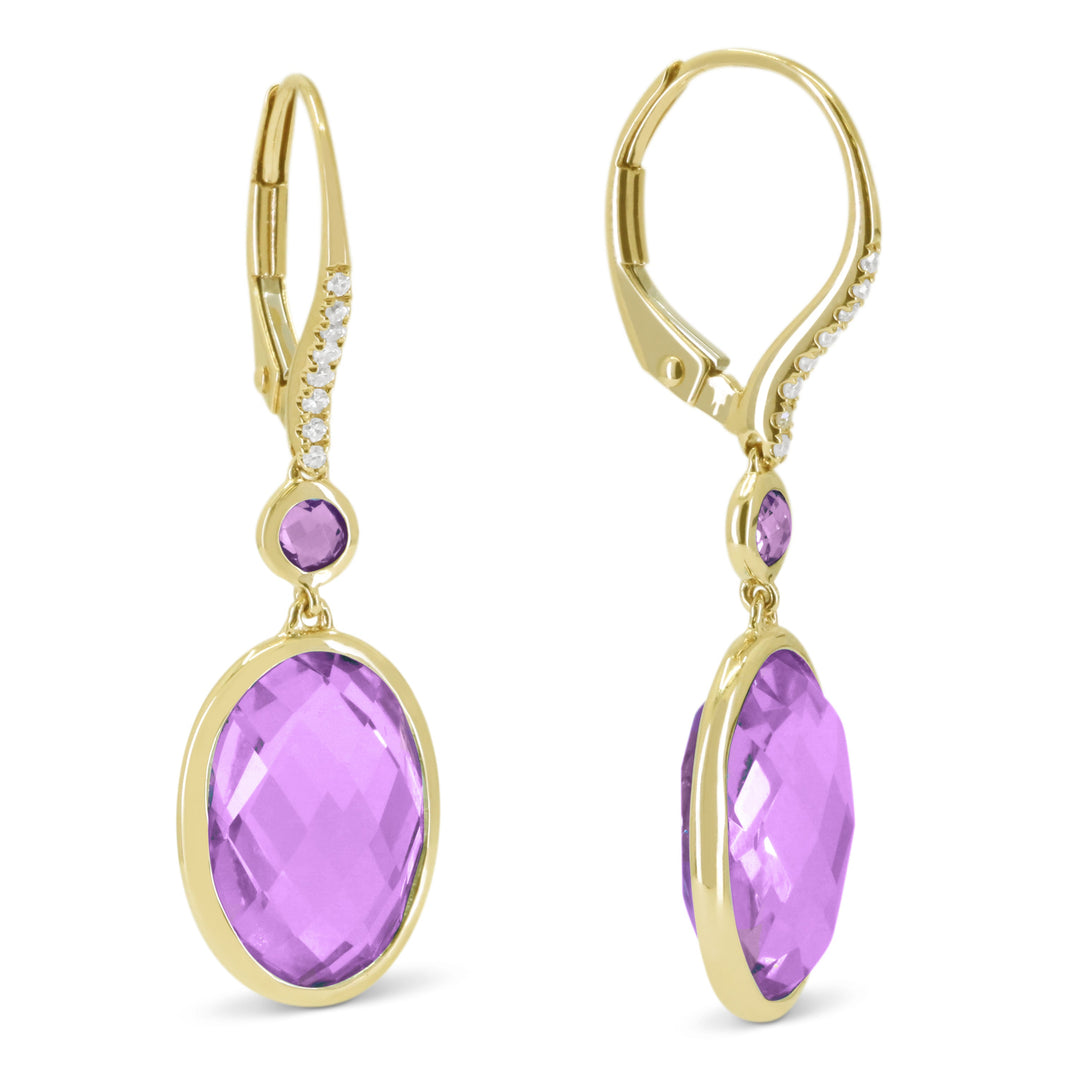Beautiful Hand Crafted 14K Yellow Gold  Amethyst And Diamond Essentials Collection Drop Dangle Earrings With A Lever Back Closure