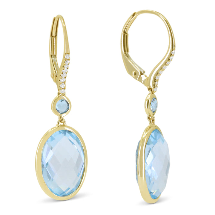 Beautiful Hand Crafted 14K Yellow Gold  Blue Topaz And Diamond Essentials Collection Drop Dangle Earrings With A Lever Back Closure