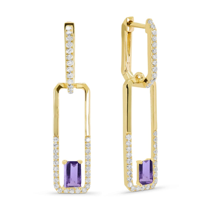 Beautiful Hand Crafted 14K Yellow Gold 3X5MM Amethyst And Diamond Essentials Collection Drop Dangle Earrings With A retail-facing