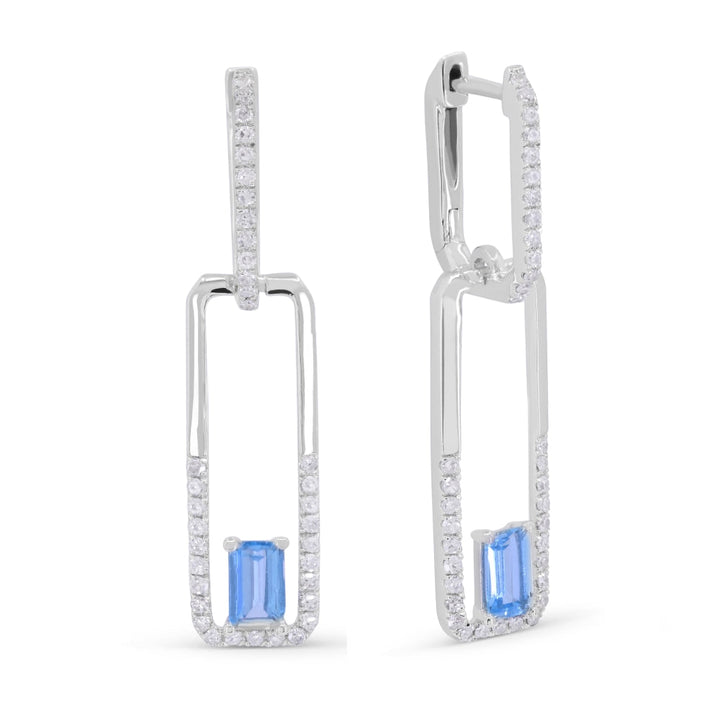 Beautiful Hand Crafted 14K White Gold 3X5MM Blue Topaz And Diamond Essentials Collection Drop Dangle Earrings With A Lever Back Closure