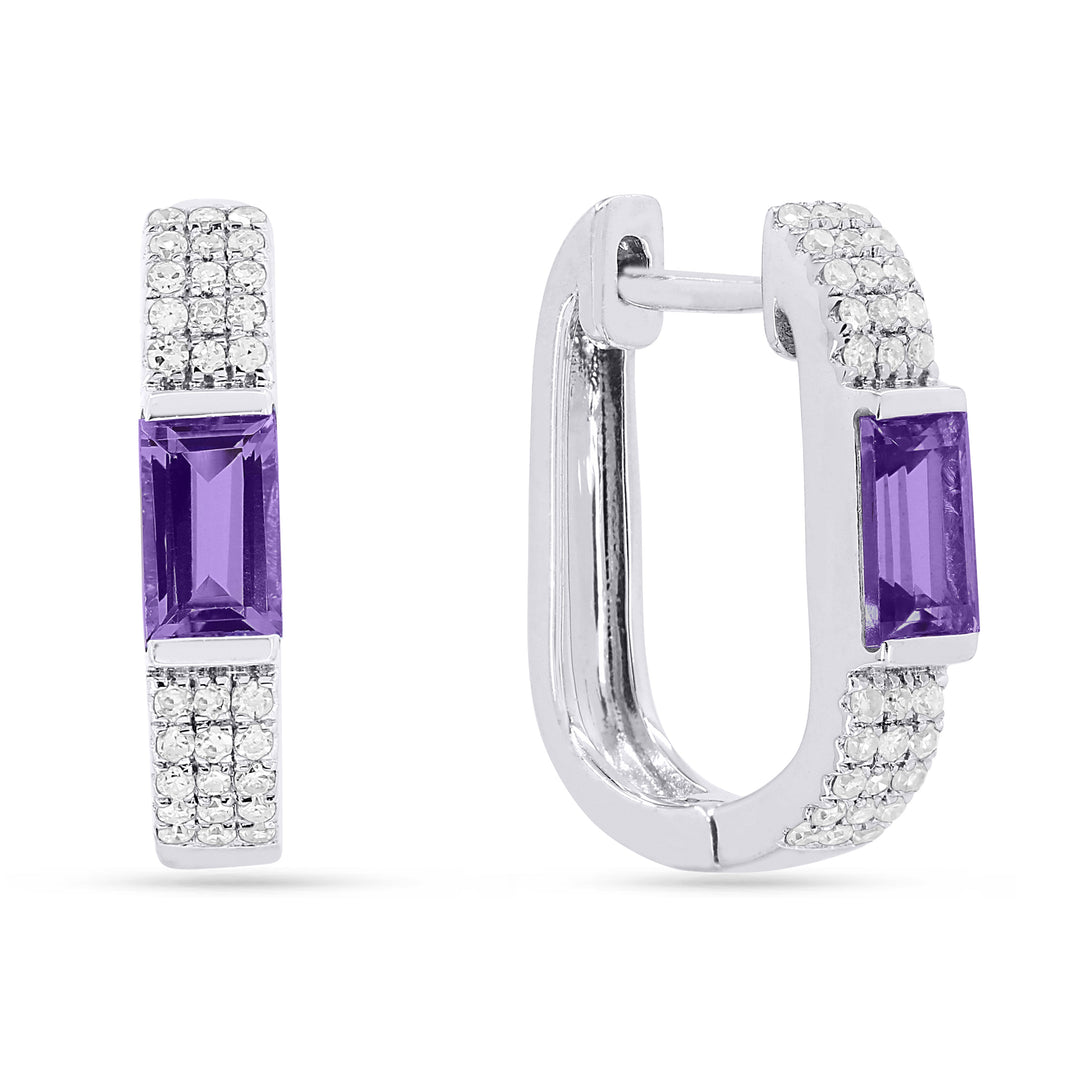 Beautiful Hand Crafted 14K White Gold 3X5MM Amethyst And Diamond Essentials Collection Hoop Earrings