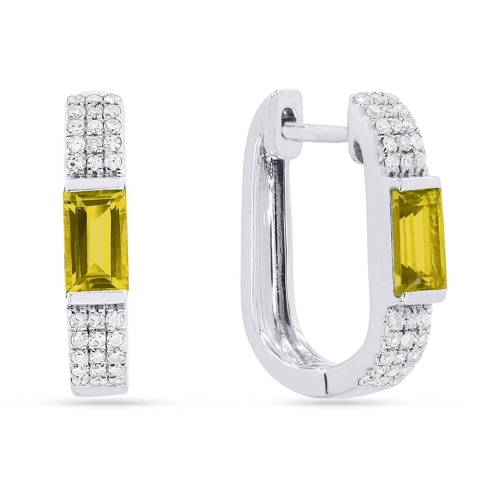 Beautiful Hand Crafted 14K White Gold 3X5MM Citrine And Diamond Essentials Collection Hoop Earrings With A Hoop Closure