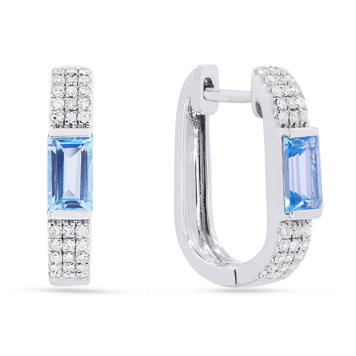 Beautiful Hand Crafted 14K White Gold 3X5MM Swiss Blue Topaz And Diamond Essentials Collection Hoop Earrings With A Hoop Closure