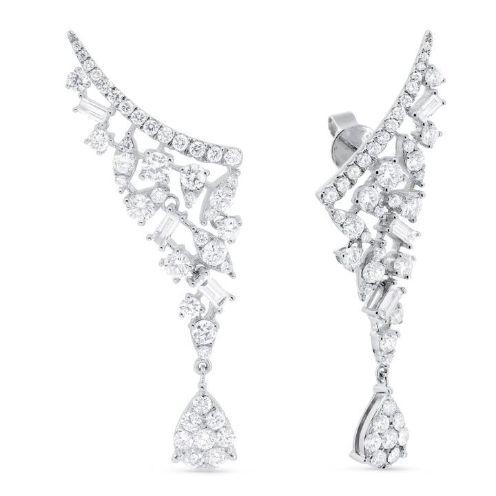 Beautiful Hand Crafted 14K White Gold White Diamond Milano Collection Ear Climber Earrings With A Push Back Closure