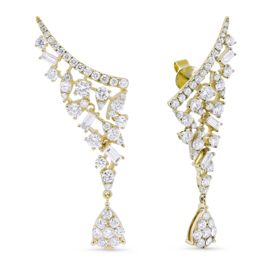 Beautiful Hand Crafted 14K Yellow Gold White Diamond Milano Collection Ear Climber Earrings With A Push Back Closure