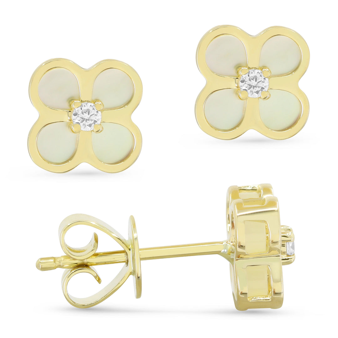 Beautiful Hand Crafted 14K Yellow Gold  Mother Of Pearl And Diamond Milano Collection Stud Earrings With A Push Back Closure