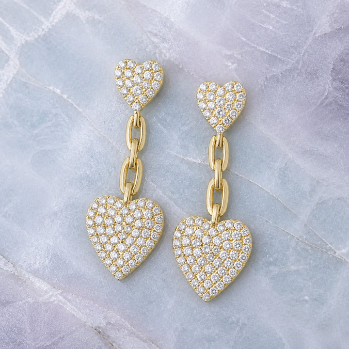 E1671 - 14K Yellow Gold Diamond Heart Drop Earrings