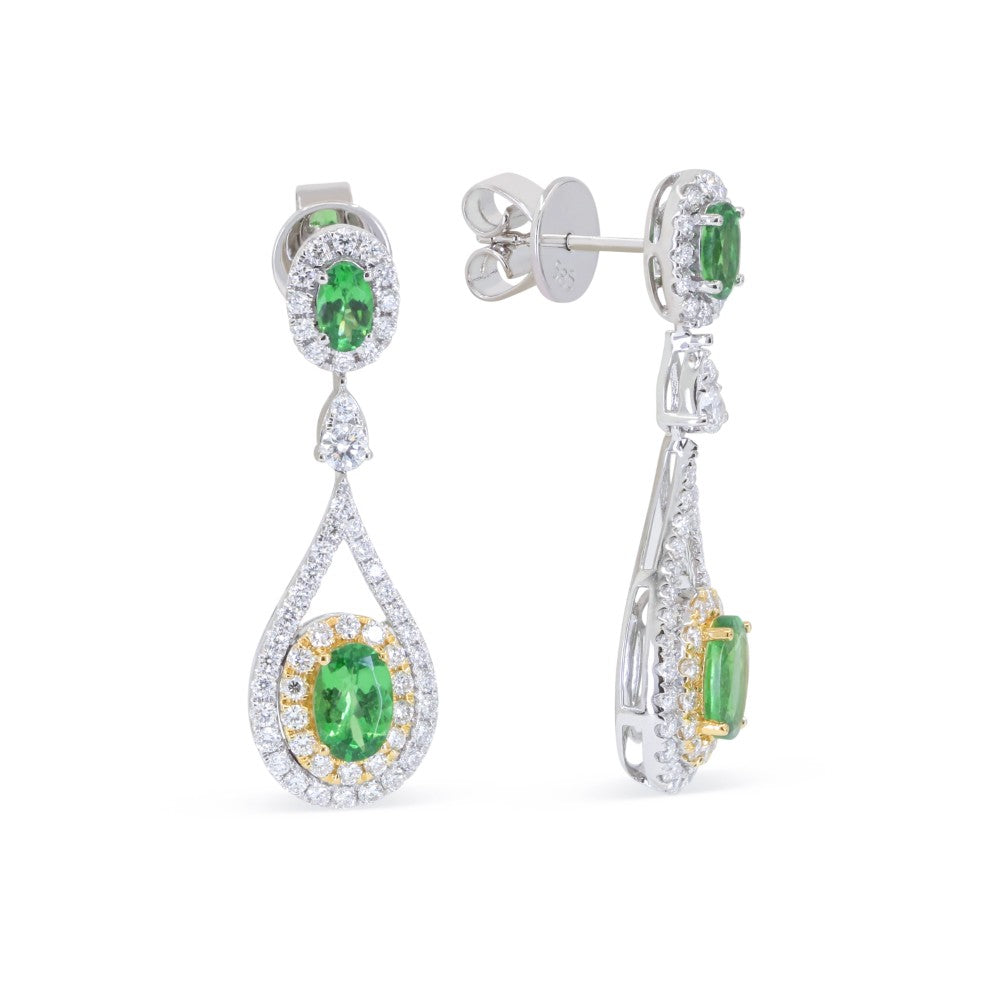 Beautiful Hand Crafted 14K Two Tone Gold  Green Garnet And Diamond Arianna Collection Drop Dangle Earrings With A Push Back Closure