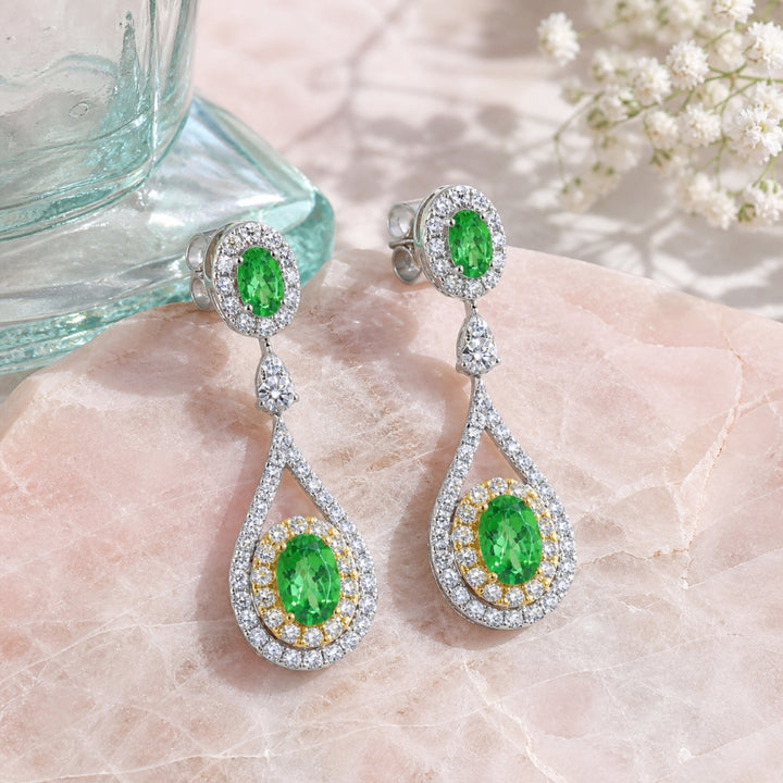E1675 - 14K Gold Tsavorite & Sapphire Drop Earrings