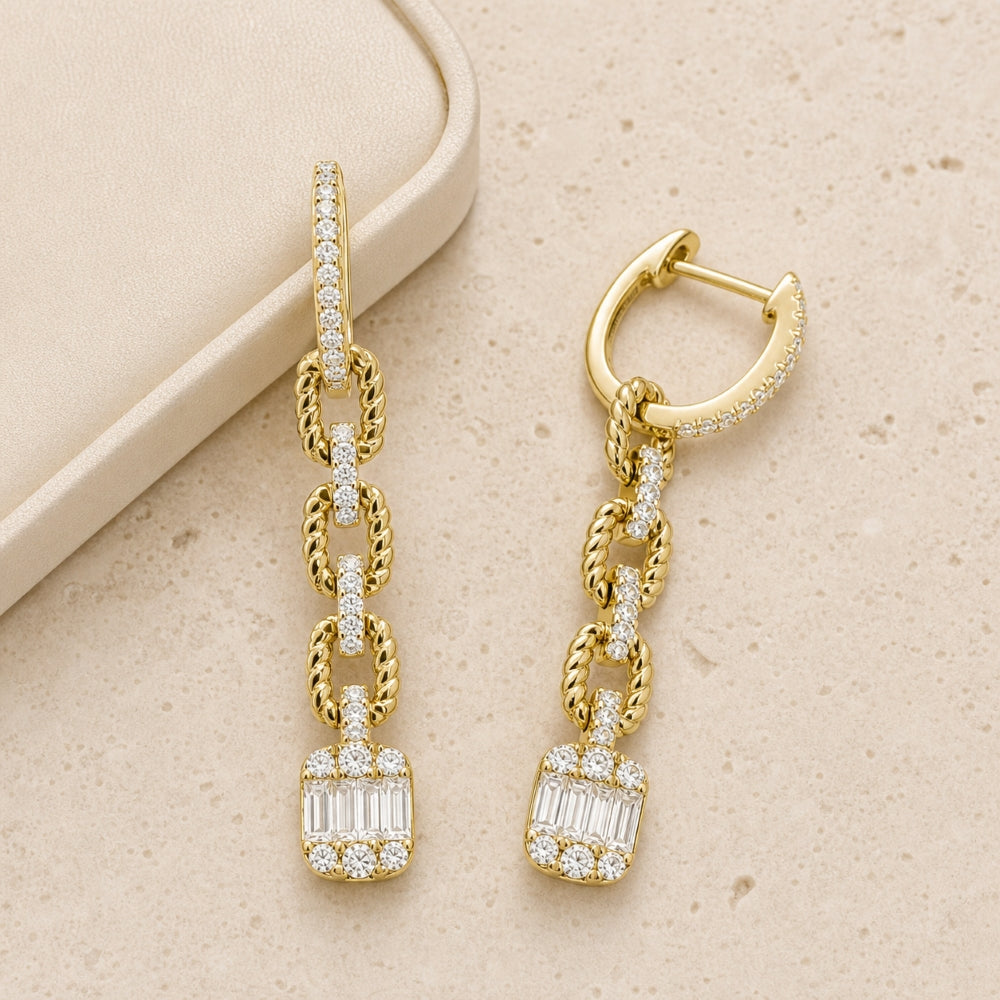 E1683 - 14K Yellow Gold Diamond Paperclip Drop Earrings