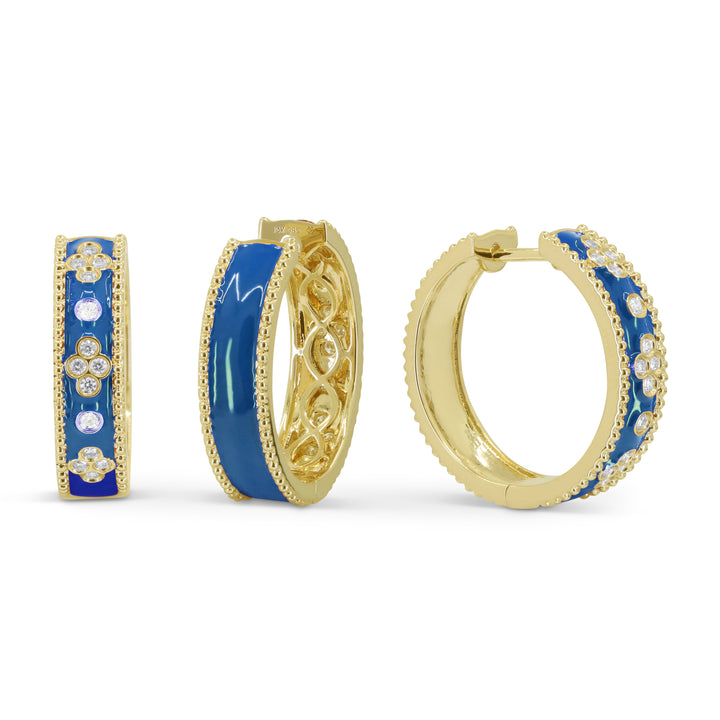 Beautiful Hand Crafted 14K Yellow Gold  Blue Enamel And Diamond Milano Collection Hoop Earrings With A Hoop Closure
