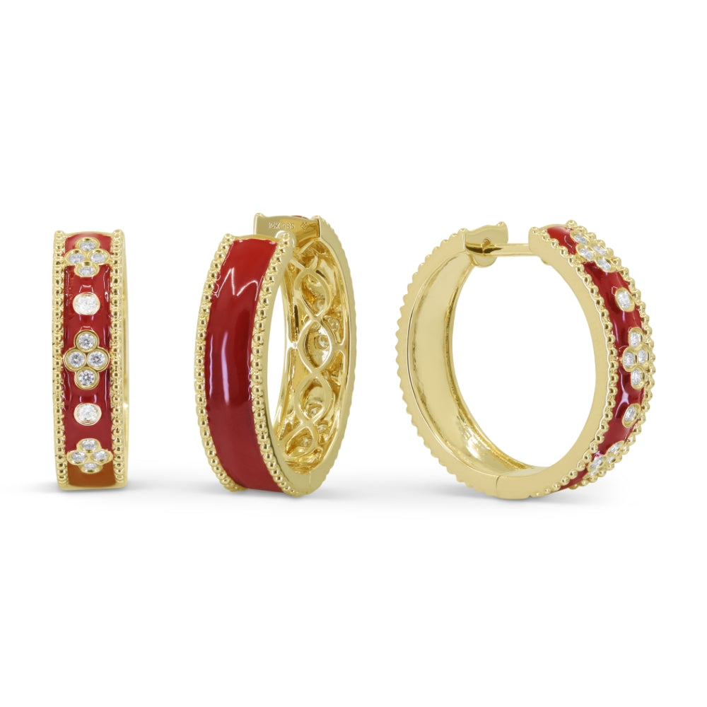 Beautiful Hand Crafted 14K Yellow Gold  Red Enamel And Diamond Milano Collection Hoop Earrings With A Hoop Closure
