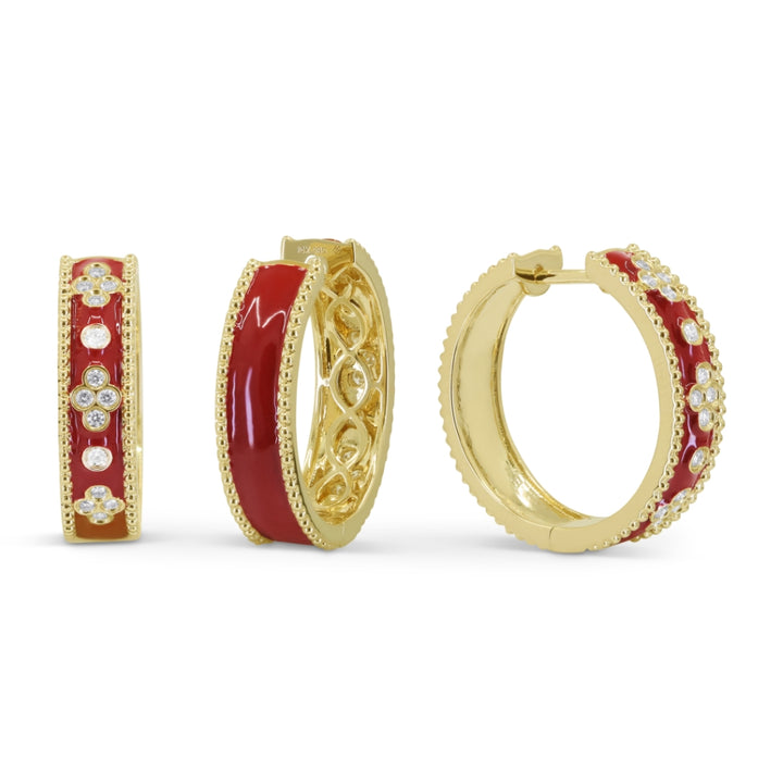 Beautiful Hand Crafted 14K Yellow Gold  Red Enamel And Diamond Milano Collection Hoop Earrings With A Hoop Closure