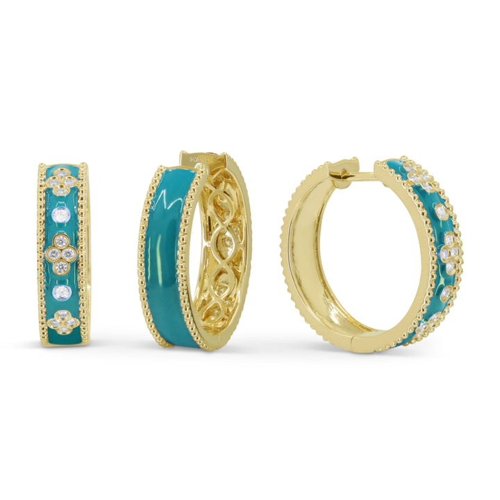 Beautiful Hand Crafted 14K Yellow Gold  Green Enamel And Diamond Milano Collection Hoop Earrings With A Hoop Closure