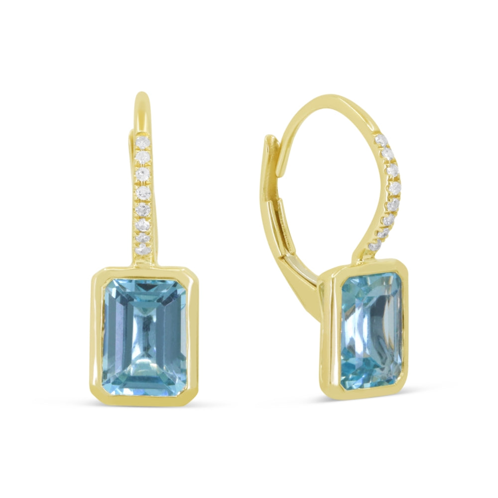 Beautiful Hand Crafted 14K Yellow Gold  Swiss Blue Topaz And Diamond Essentials Collection Drop Dangle Earrings With A Lever Back Closure