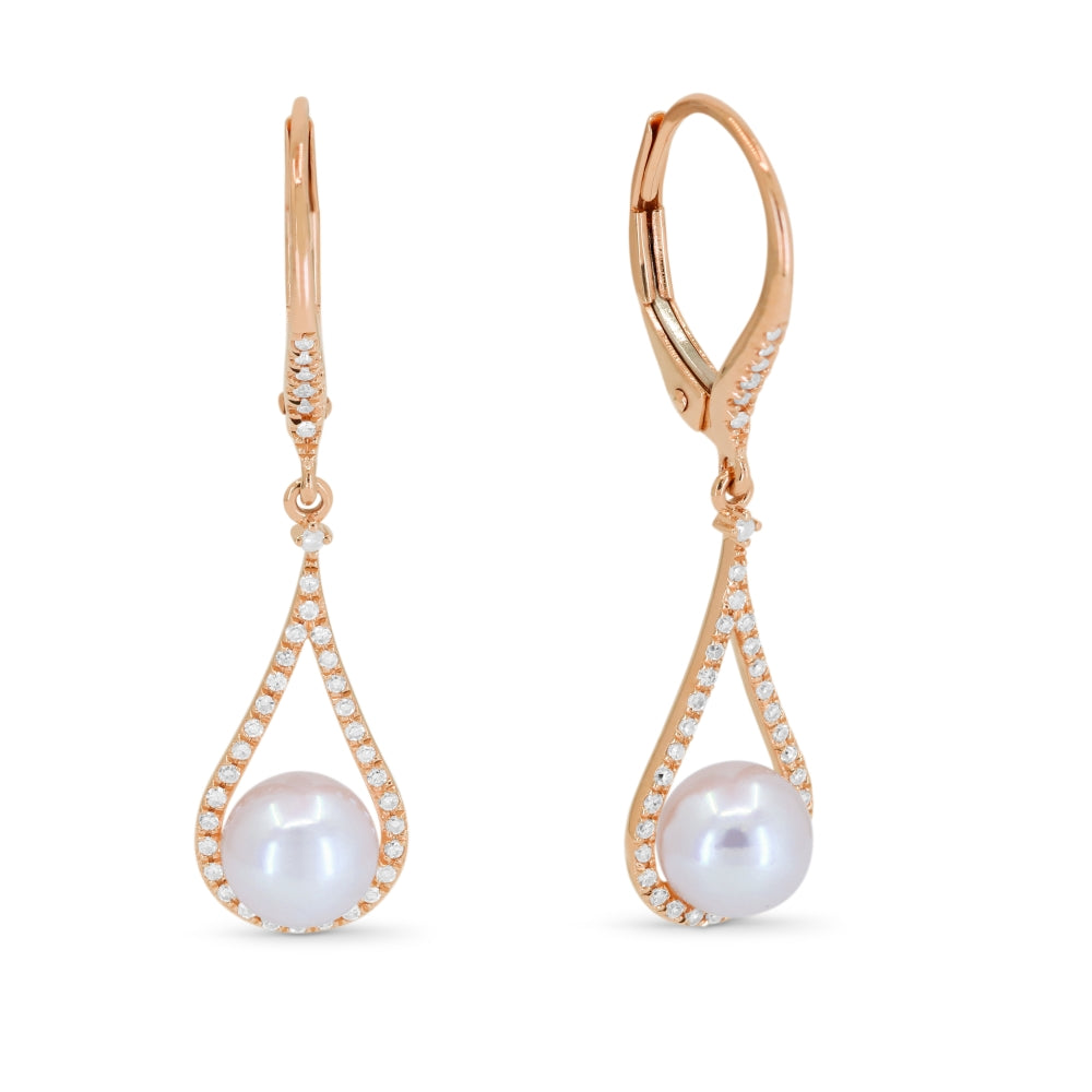 Beautiful Hand Crafted 14K Rose Gold 6MM Pearl And Diamond Essentials Collection Drop Dangle Earrings With A Lever Back Closure