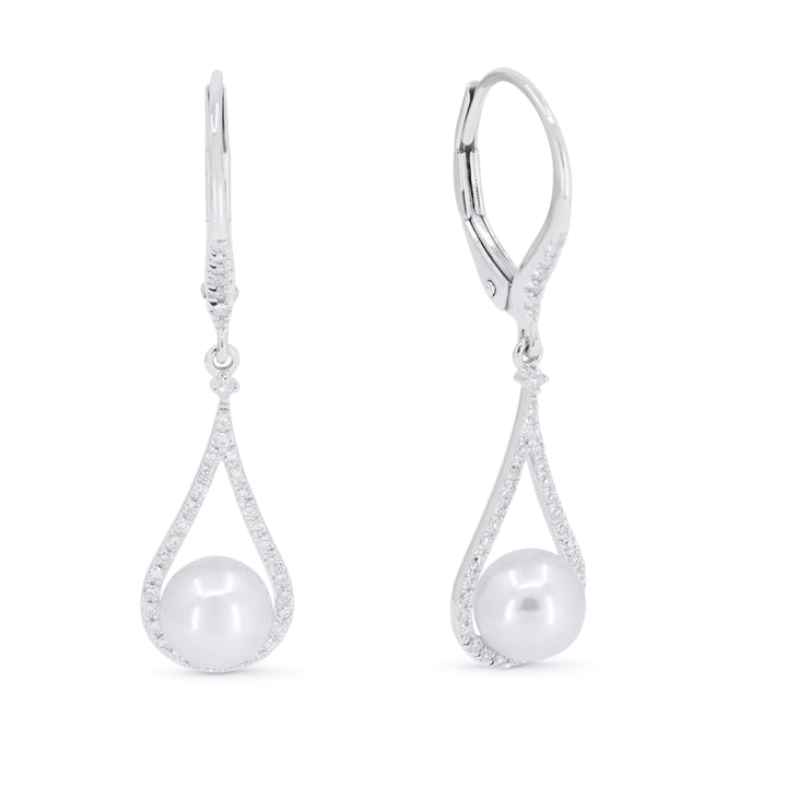 Beautiful Hand Crafted 14K White Gold 6MM Pearl And Diamond Essentials Collection Drop Dangle Earrings With A Lever Back Closure