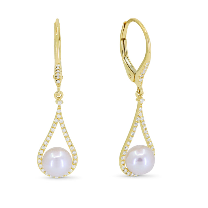 Beautiful Hand Crafted 14K Yellow Gold 6MM Pearl And Diamond Essentials Collection Drop Dangle Earrings With A Lever Back Closure