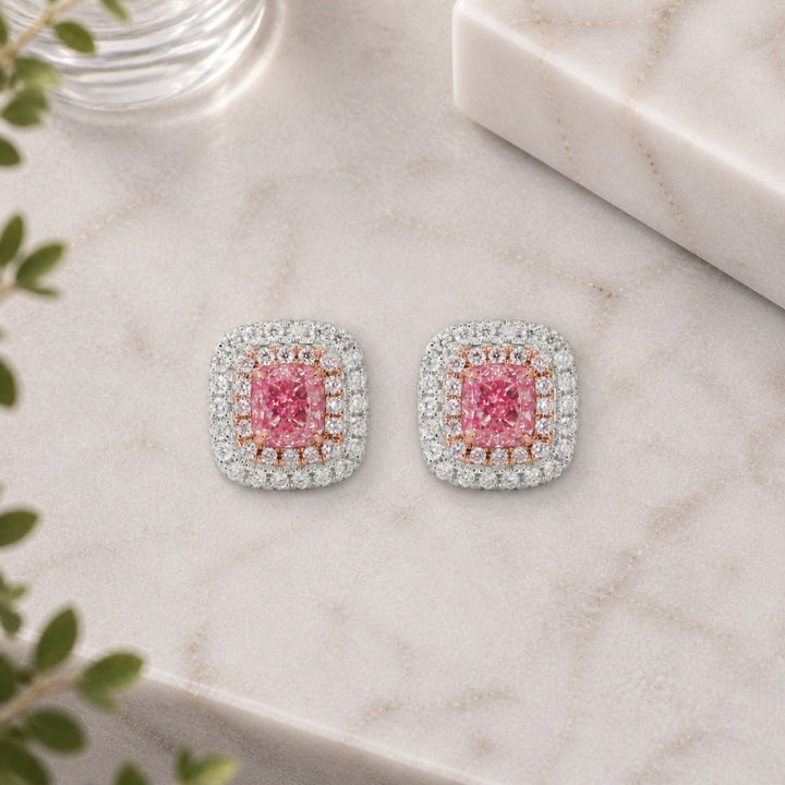 E1706 - 18K White Gold Fancy Pink Diamond Cushion Stud Earrings