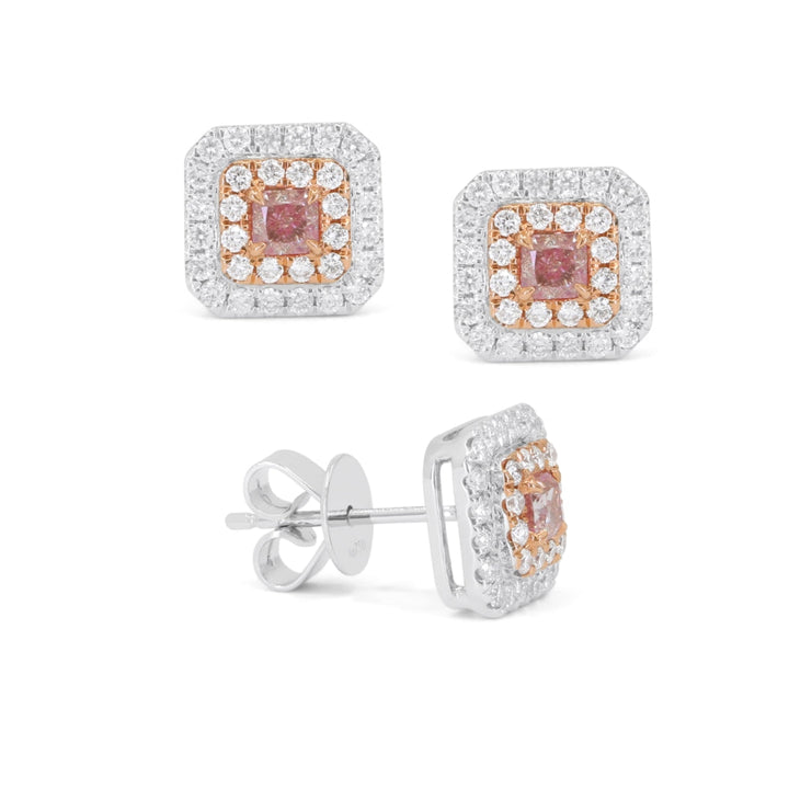 Beautiful Hand Crafted 18K White Gold  Pink Diamond And Diamond Milano Collection Stud Earrings With A Push Back Closure