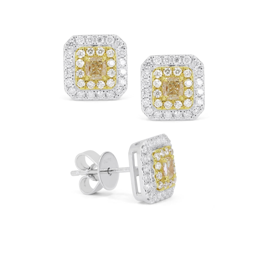 Beautiful Hand Crafted 18K White Gold  Fancy Yellow Diamond And Diamond Milano Collection Stud Earrings With A Push Back Closure