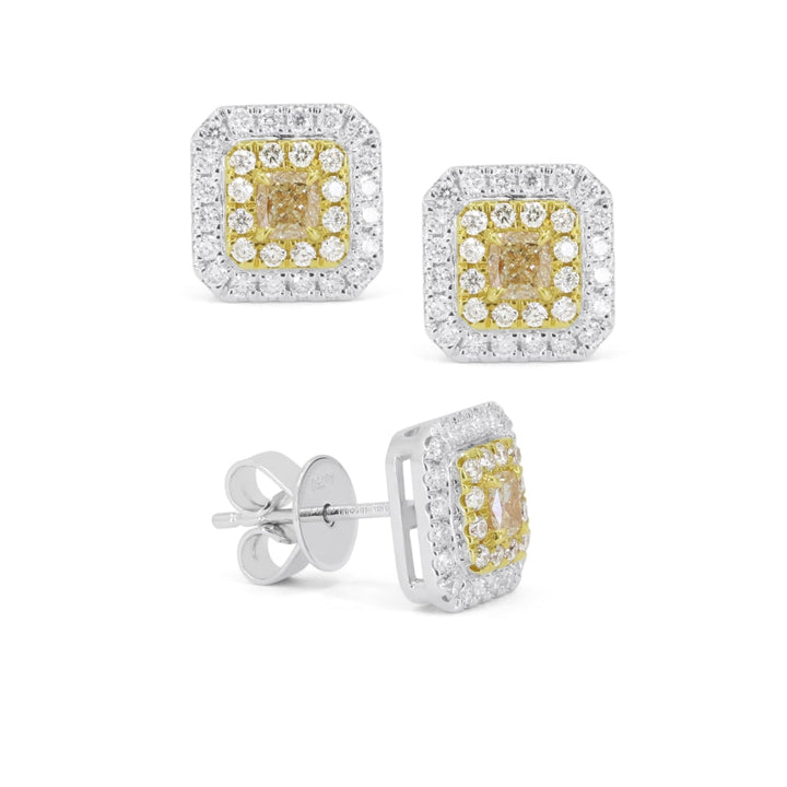 Beautiful Hand Crafted 18K White Gold  Fancy Yellow Diamond And Diamond Milano Collection Stud Earrings With A Push Back Closure