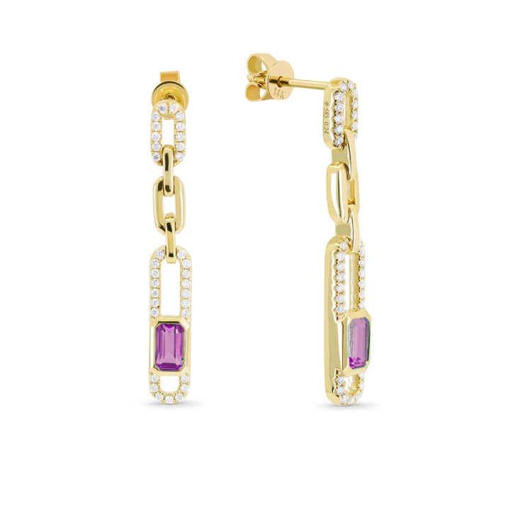 Beautiful Hand Crafted 14K Yellow Gold  Amethyst And Diamond Essentials Collection Drop Dangle Earrings With A Push Back Closure