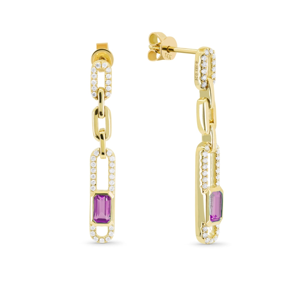 Beautiful Hand Crafted 14K Yellow Gold  Amethyst And Diamond Essentials Collection Drop Dangle Earrings With A Push Back Closure