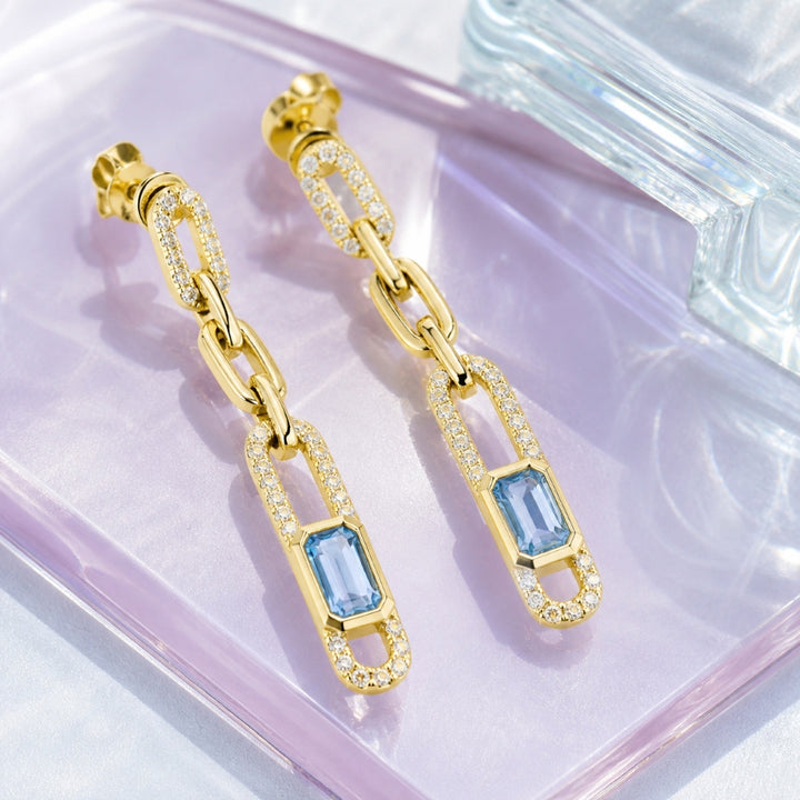 E1717 - 14K Yellow Gold Amethyst & Swiss Blue Topaz Paperclip Drop Earrings