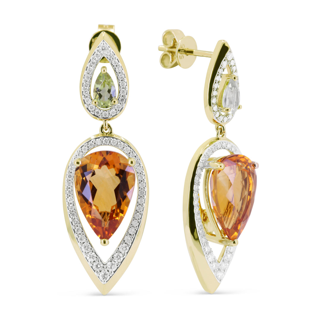 Beautiful Hand Crafted 14K Yellow Gold  Citrine And Diamond Eclectica Collection Drop Dangle Earrings With A Push Back Closure