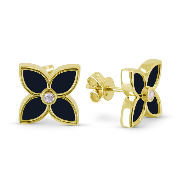 Beautiful Hand Crafted 14K Yellow Gold 9.5MM Black Onyx And Diamond Milano Collection Stud Earrings With A Push Back Closure