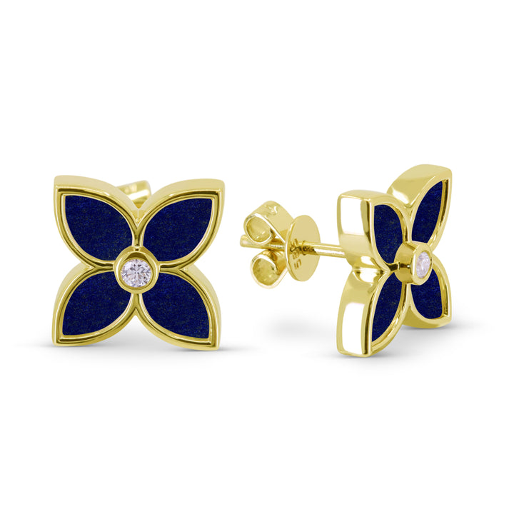 Beautiful Hand Crafted 14K Yellow Gold 9.5MM Lapis Lazuli And Diamond Milano Collection Stud Earrings With A Push Back Closure