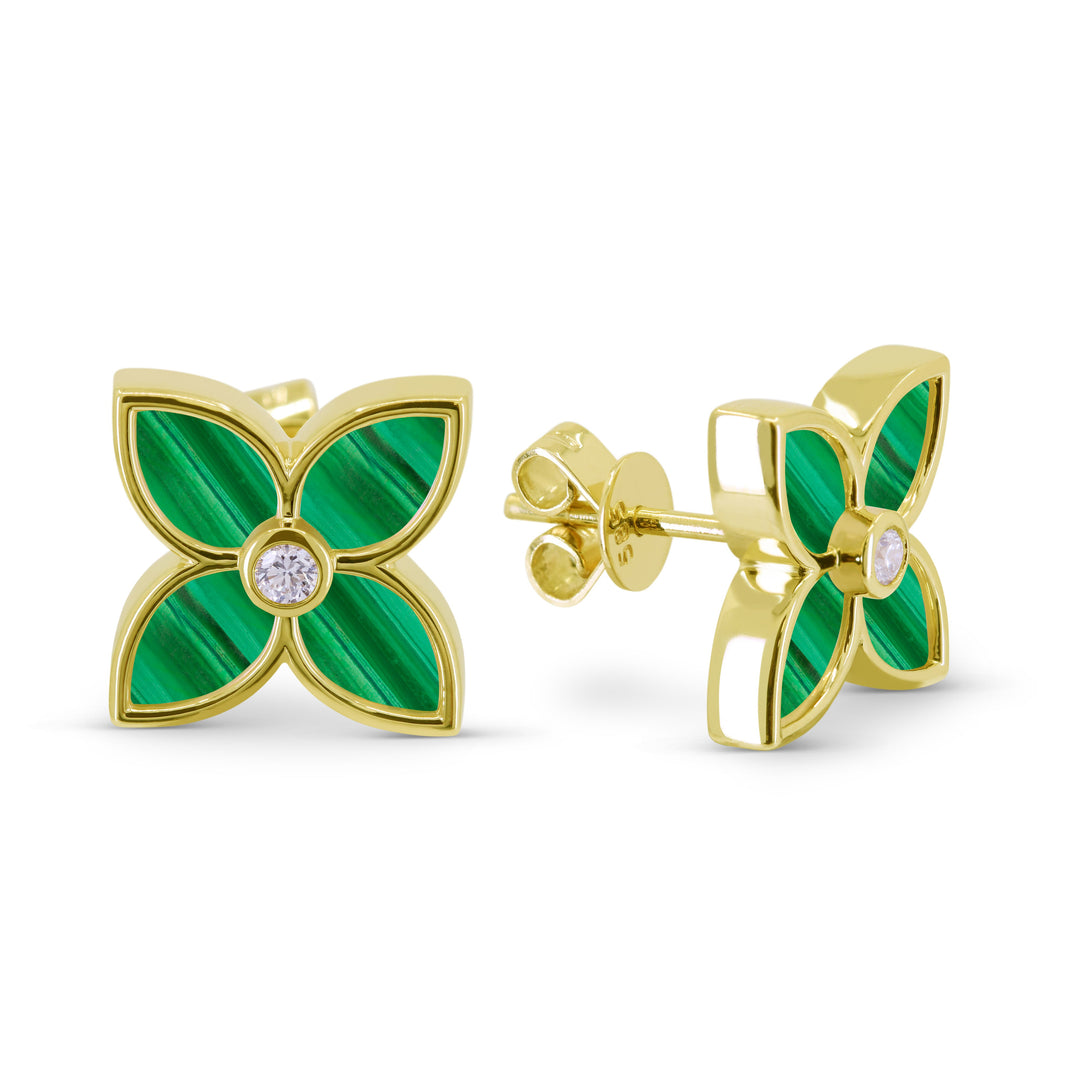 Beautiful Hand Crafted 14K Yellow Gold 9.5MM Malachite And Diamond Milano Collection Stud Earrings With A Push Back Closure