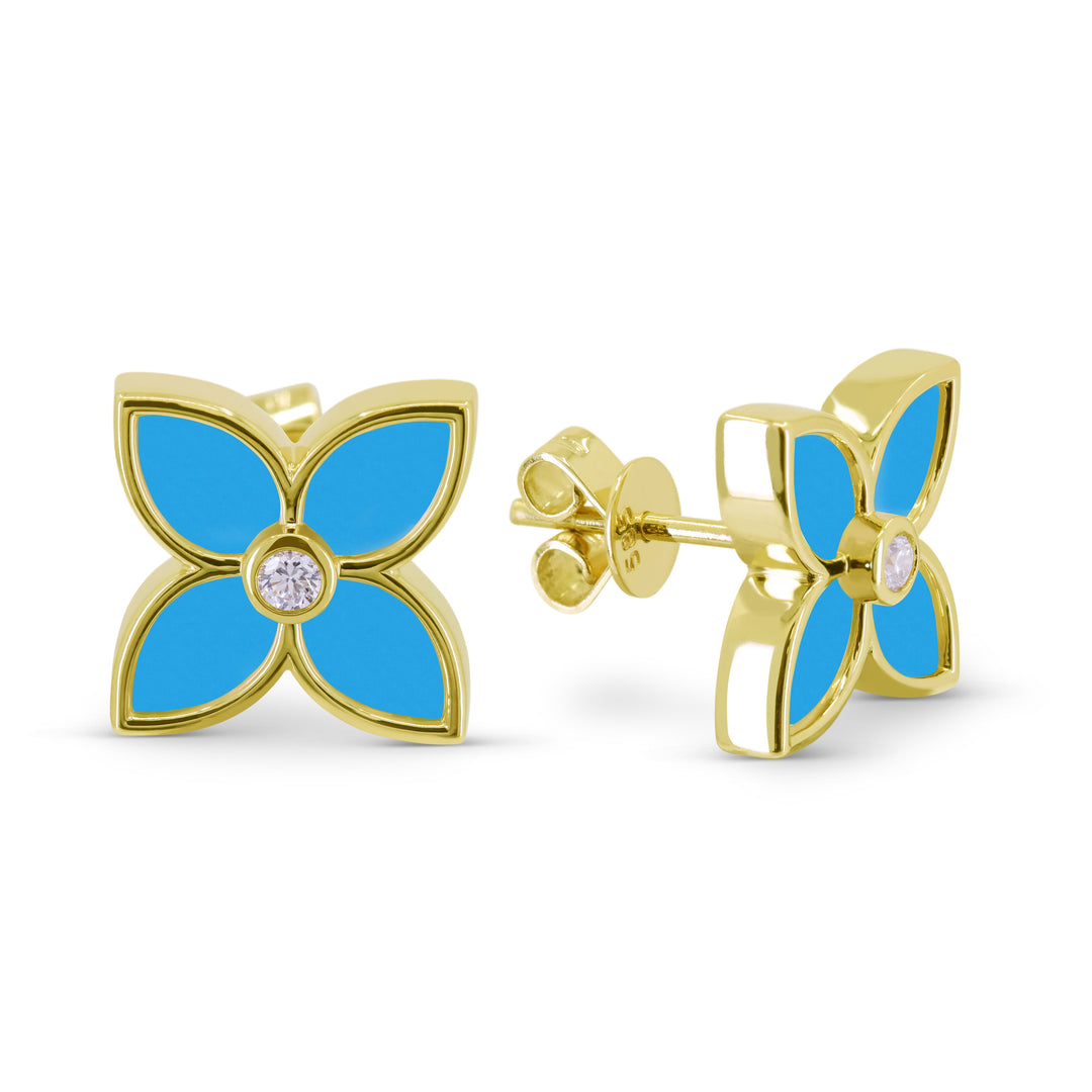 Beautiful Hand Crafted 14K Yellow Gold 9.5MM Turquoise And Diamond Milano Collection Stud Earrings With A Push Back Closure