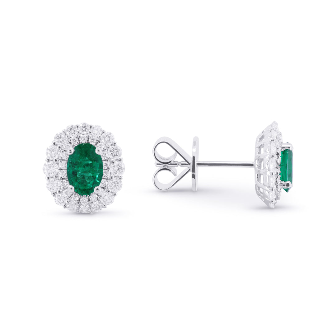 Beautiful Hand Crafted 14K White Gold  Emerald And Diamond Arianna Collection Stud Earrings With A Push Back Closure