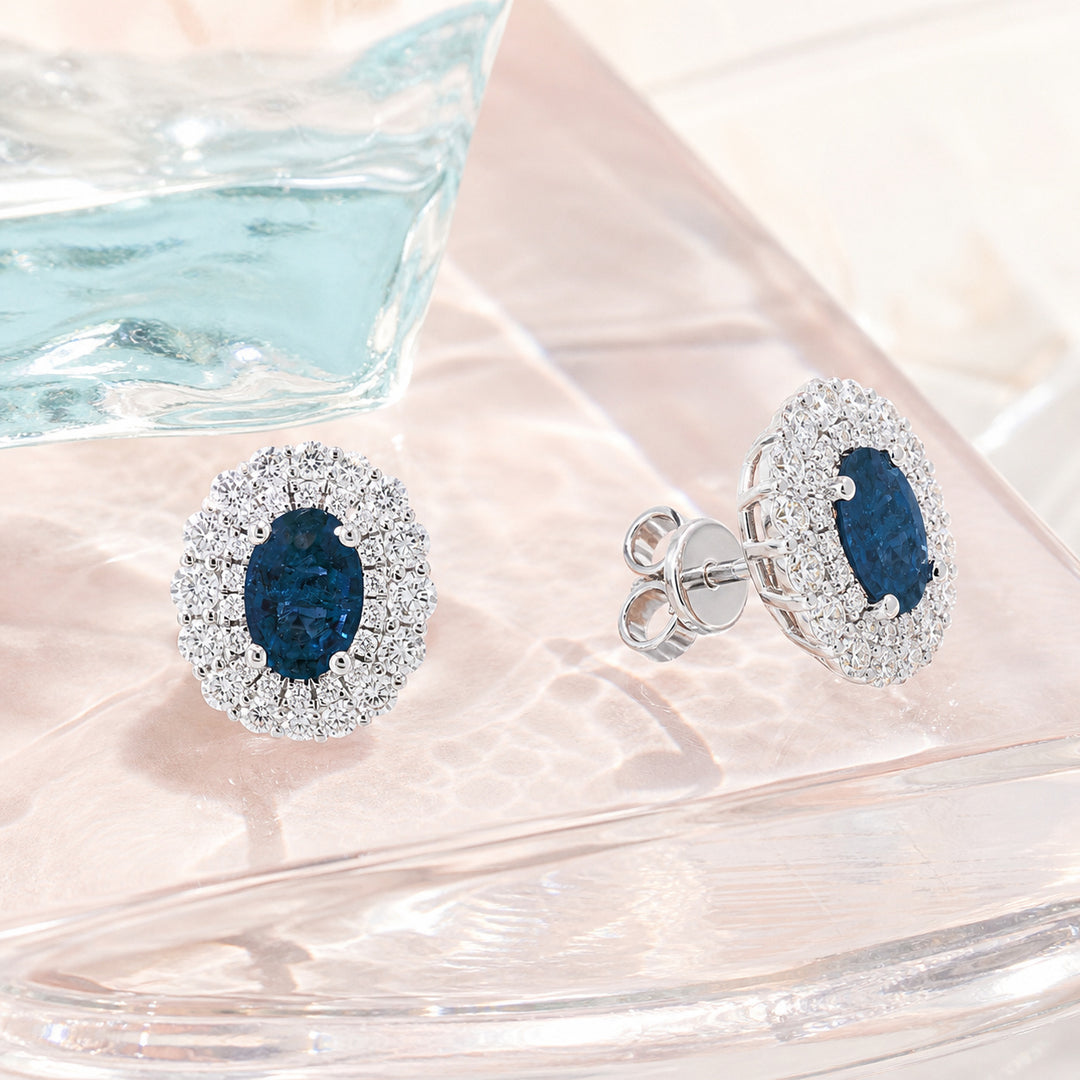 E1730 - 14K White Gold Emerald, Ruby & Sapphire Oval Stud Earrings