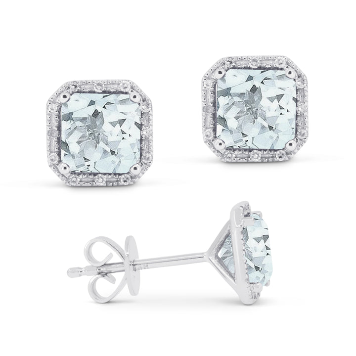 Beautiful Hand Crafted 14K White Gold 6MM Aquamarine And Diamond Essentials Collection Stud Earrings With A Push Back Closure
