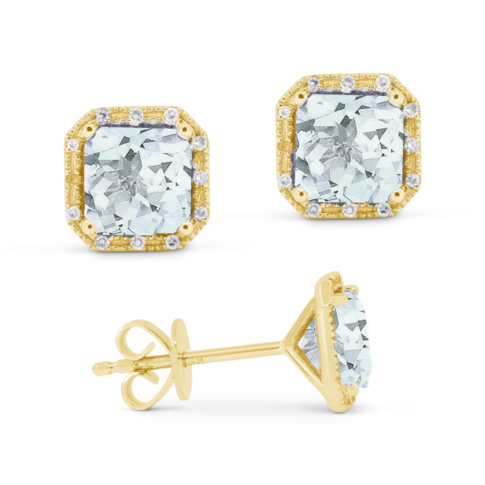 Beautiful Hand Crafted 14K Yellow Gold 6MM Aquamarine And Diamond Essentials Collection Stud Earrings