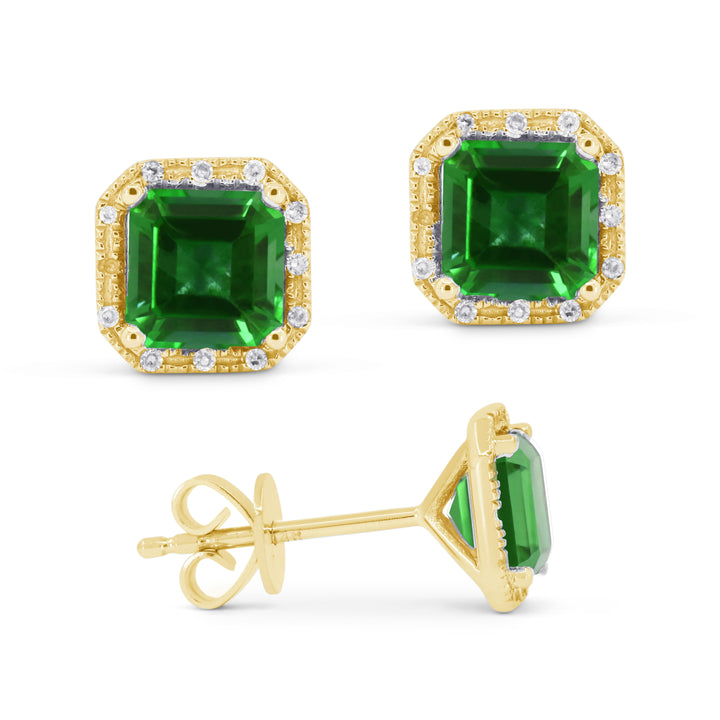 Beautiful Hand Crafted 14K Yellow Gold 6MM Created Emerald And Diamond Essentials Collection Stud Earrings With A Push Back Closure