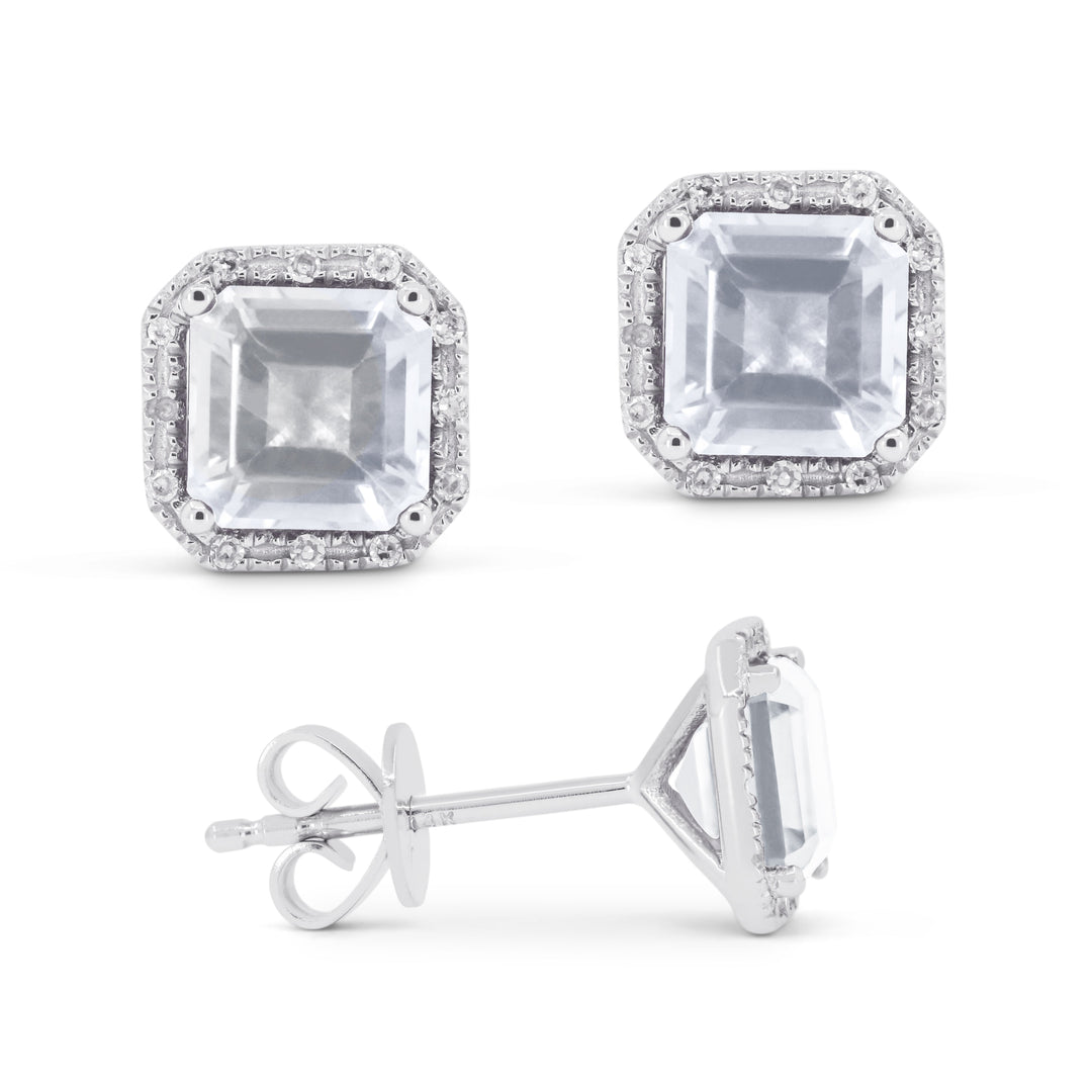 Beautiful Hand Crafted 14K White Gold 6MM White Topaz And Diamond Essentials Collection Stud Earrings With A Push Back Closure